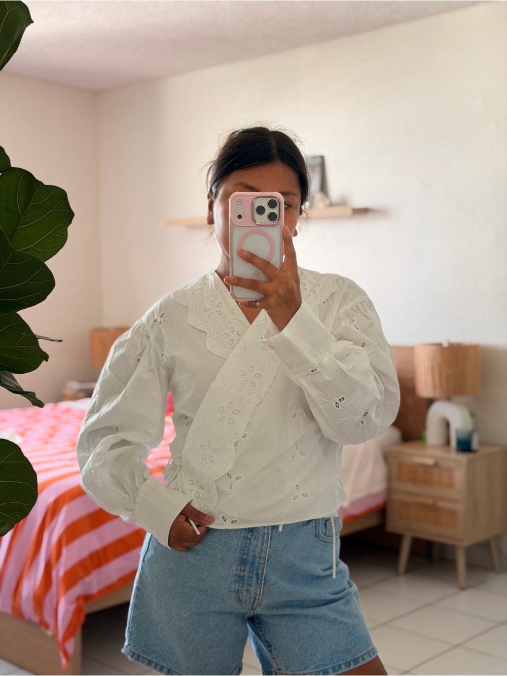 Zara White Eyelet Wrap Blouse with Scalloped Detail